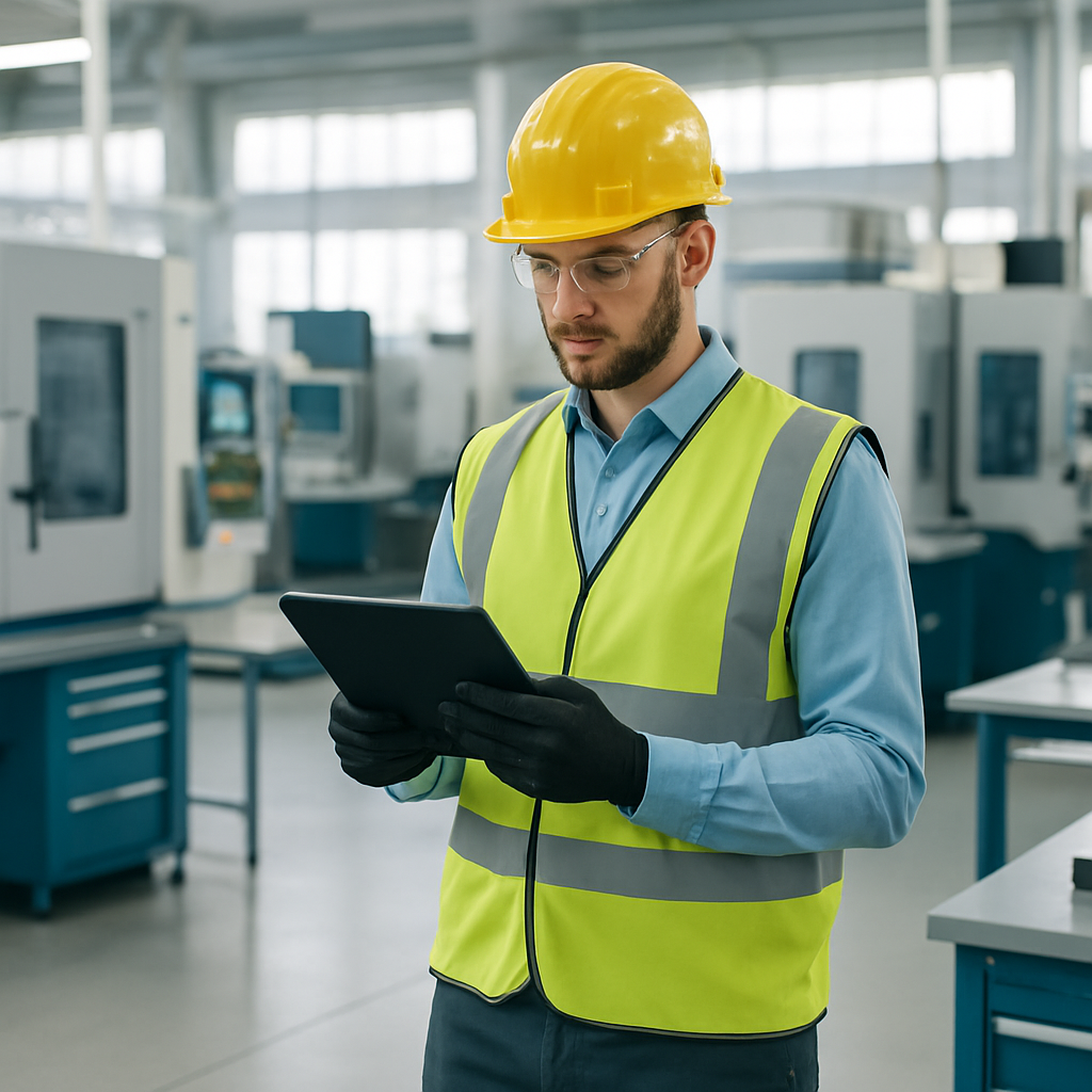 A worker on a modern manufacturing shop floor reviewing production data on a tablet
