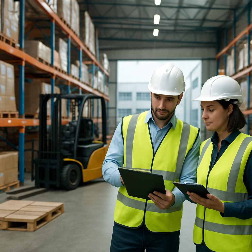 Operations staff reviewing inventory in a well-organized distribution warehouse